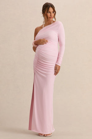 Cassiana | Vestido Largo Premamá Rosa Claro Con Escote Asimétrico Y Abertura Delantera Alta