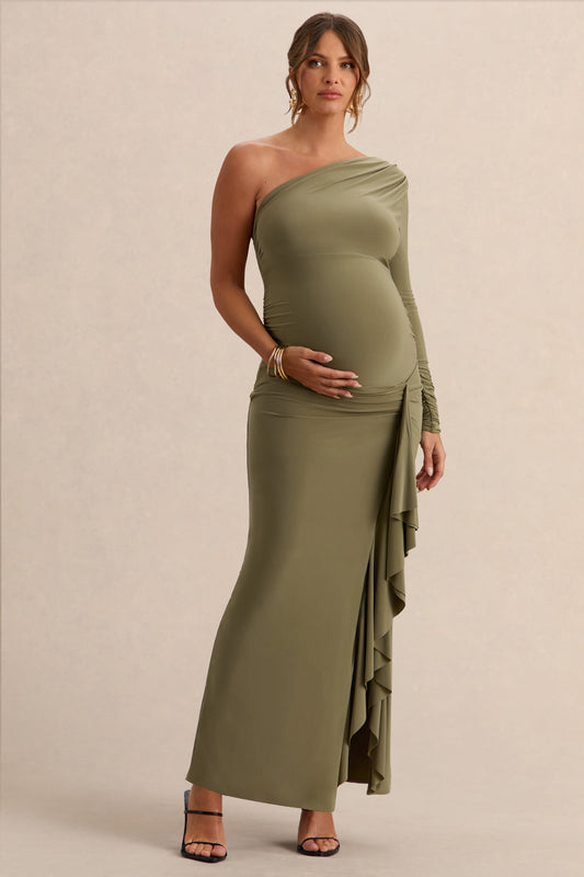 Drusilla | Vestido Largo Oliva Premamá de Escote Asimétrico con Detalle Drapeado