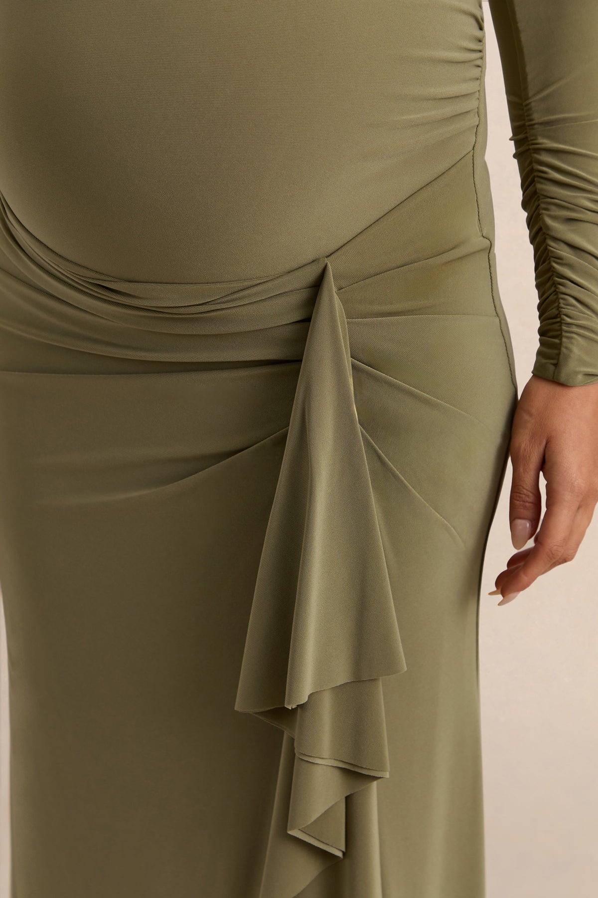 Drusilla | Vestido Largo Oliva Premamá de Escote Asimétrico con Detalle Drapeado