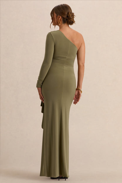 Drusilla | Vestido Largo Oliva Premamá de Escote Asimétrico con Detalle Drapeado