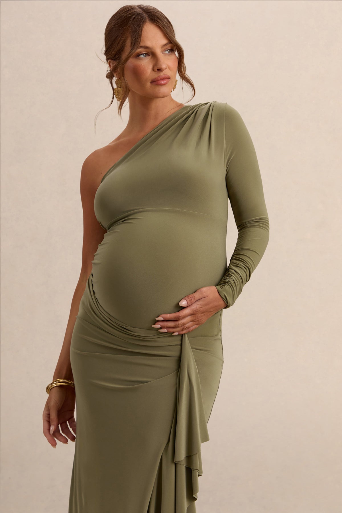 Drusilla | Vestido Largo Oliva Premamá de Escote Asimétrico con Detalle Drapeado