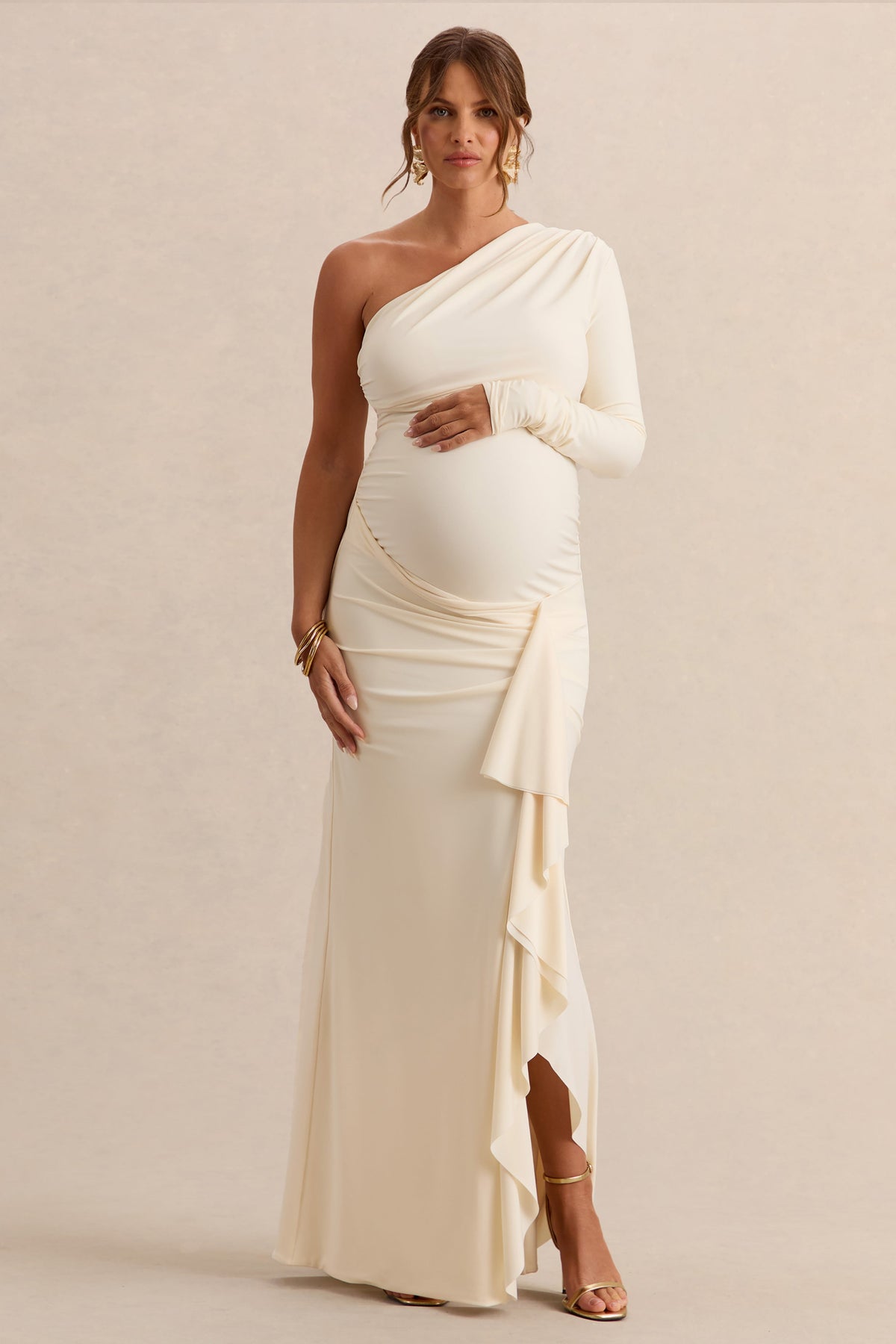 Drusilla | Vestido Largo Crema Premamá de Escote Asimétrico con Detalle Drapeado