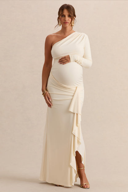 Drusilla | Vestido Largo Crema Premamá de Escote Asimétrico con Detalle Drapeado