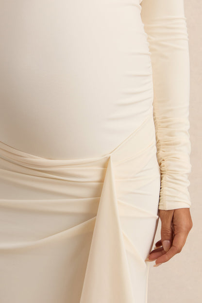 Drusilla | Vestido Largo Crema Premamá de Escote Asimétrico con Detalle Drapeado
