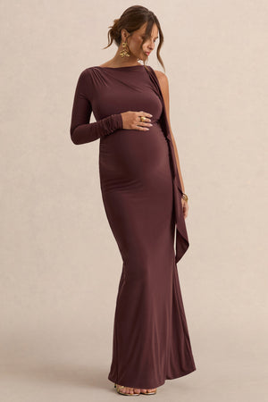 Emanuela | Vestido Largo Premamá Marrón Oscuro Con Escote Barco Y Detalle De Cinta