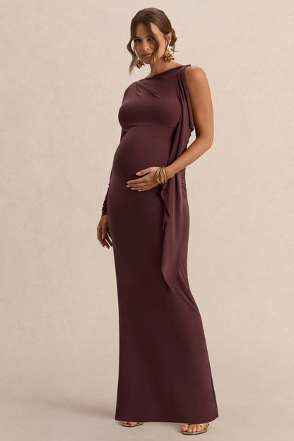 Emanuela | Vestido Largo Premamá Marrón Oscuro Con Escote Barco Y Detalle De Cinta