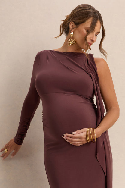 Emanuela | Vestido Largo Premamá Marrón Oscuro Con Escote Barco Y Detalle De Cinta