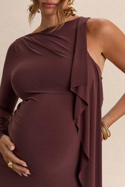 Emanuela | Vestido Largo Premamá Marrón Oscuro Con Escote Barco Y Detalle De Cinta