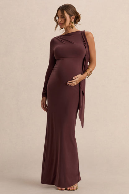 Emanuela | Vestido Largo Premamá Marrón Oscuro Con Escote Barco Y Detalle De Cinta
