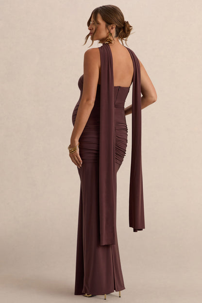 Faustina | Vestido Largo Premamá Marrón Oscuro Con Escote Palabra De Honor, Detalle De Pañuelo Y Detalle Fruncido