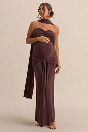Faustina | Vestido Largo Premamá Marrón Oscuro Con Escote Palabra De Honor, Detalle De Pañuelo Y Detalle Fruncido