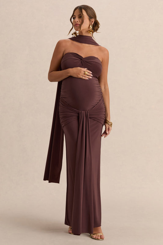 Faustina | Vestido Largo Premamá Marrón Oscuro Con Escote Palabra De Honor, Detalle De Pañuelo Y Detalle Fruncido