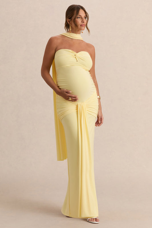 Faustina | Vestido Largo Premamá Limón Con Escote Palabra De Honor, Detalle De Pañuelo Y Detalle Fruncido