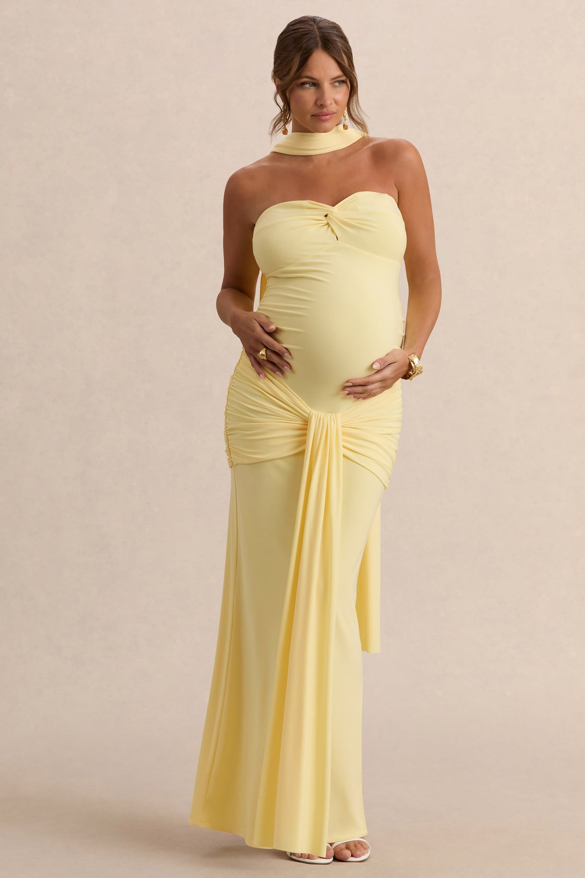Faustina | Vestido Largo Premamá Limón Con Escote Palabra De Honor, Detalle De Pañuelo Y Detalle Fruncido