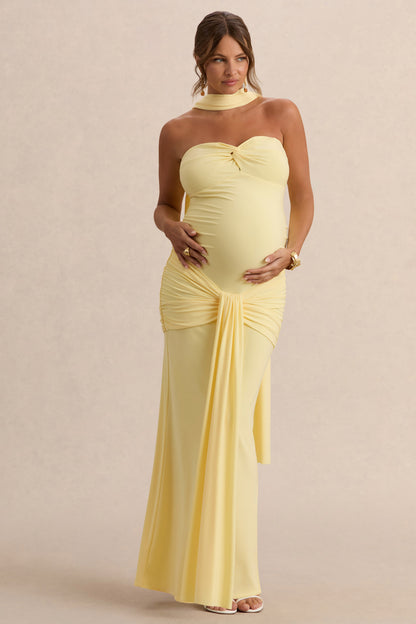Faustina | Vestido Largo Premamá Limón Con Escote Palabra De Honor, Detalle De Pañuelo Y Detalle Fruncido