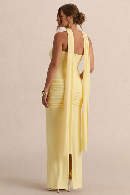 Faustina | Vestido Largo Premamá Limón Con Escote Palabra De Honor, Detalle De Pañuelo Y Detalle Fruncido