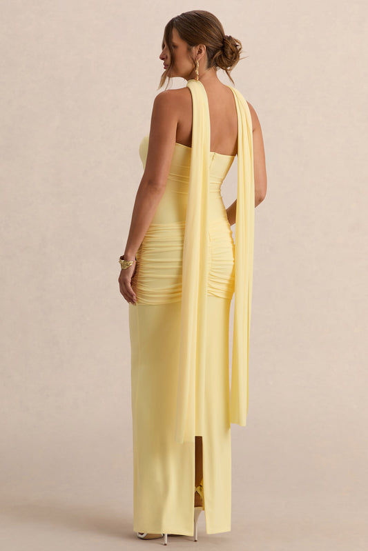 Faustina | Vestido Largo Premamá Limón Con Escote Palabra De Honor, Detalle De Pañuelo Y Detalle Fruncido