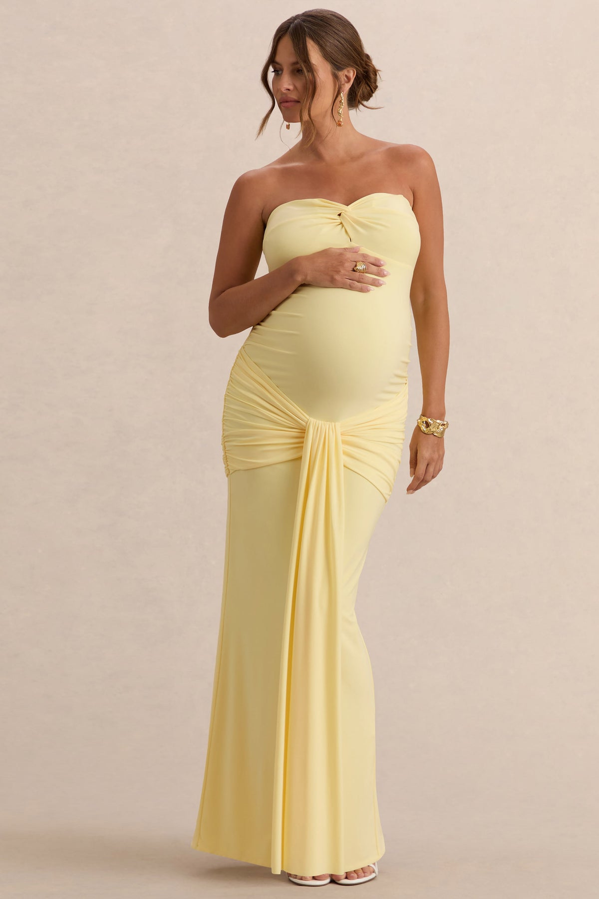 Faustina | Vestido Largo Premamá Limón Con Escote Palabra De Honor, Detalle De Pañuelo Y Detalle Fruncido