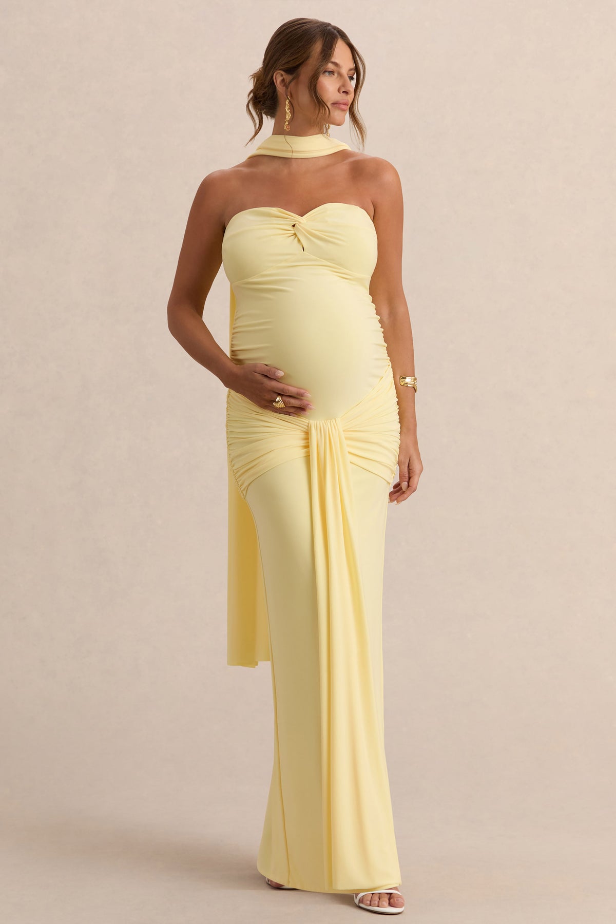 Faustina | Vestido Largo Premamá Limón Con Escote Palabra De Honor, Detalle De Pañuelo Y Detalle Fruncido