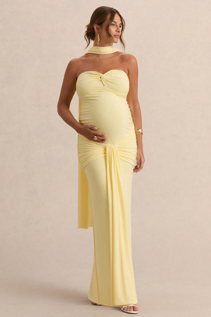 Faustina | Vestido Largo Premamá Limón Con Escote Palabra De Honor, Detalle De Pañuelo Y Detalle Fruncido