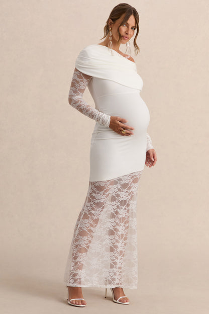 Giuliana | Vestido Premamá Largo Blanco De Cuello Asimétrico Con Encaje