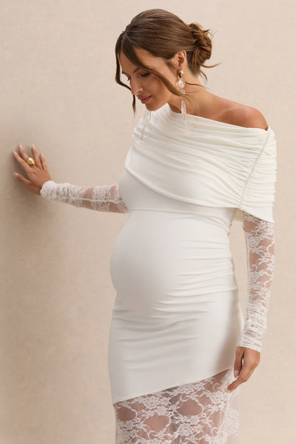 Giuliana | Vestido Premamá Largo Blanco De Cuello Asimétrico Con Encaje