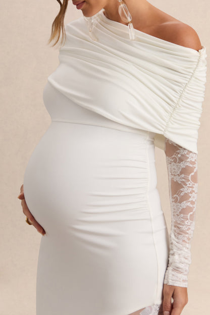 Giuliana | Vestido Premamá Largo Blanco De Cuello Asimétrico Con Encaje