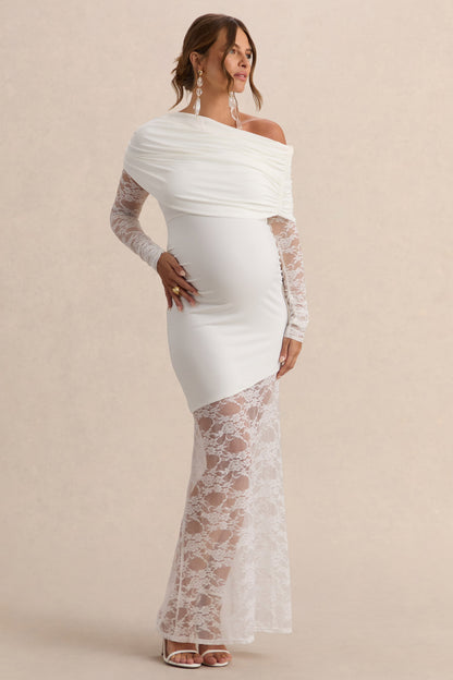 Giuliana | Vestido Premamá Largo Blanco De Cuello Asimétrico Con Encaje