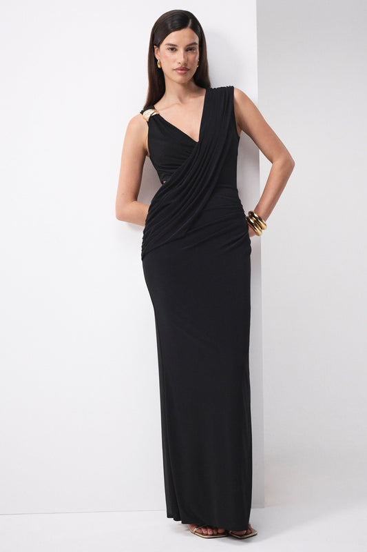 Tahlia | Vestido Largo Negro De Escote Pico Con Drapeado Y Detalle Dorado