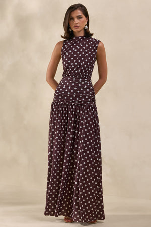 Kelis | Vestido Largo Marrón De Lunares De Jersey Con Cuello Alto Y Detalles Drapeados