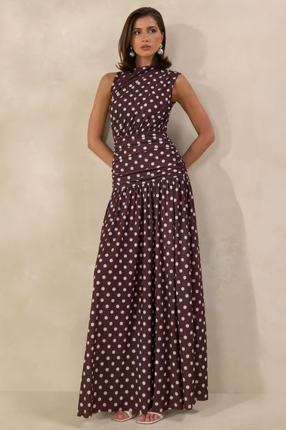 Kelis | Vestido Largo Marrón De Lunares De Jersey Con Cuello Alto Y Detalles Drapeados