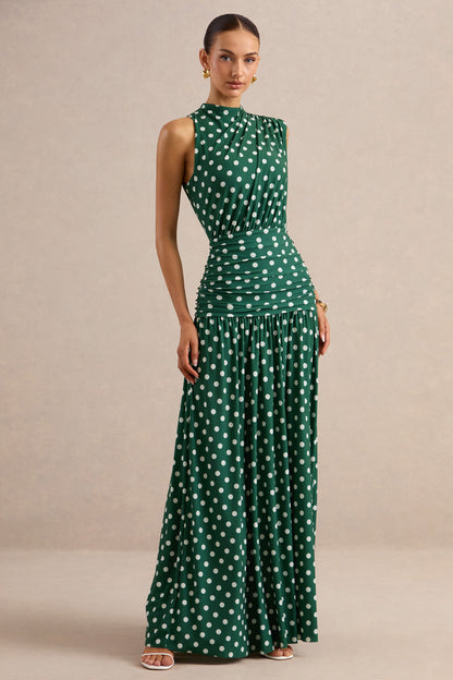 Kelis | Vestido Largo Verde De Lunares Con Cuello Alto Y Detalle Drapeado