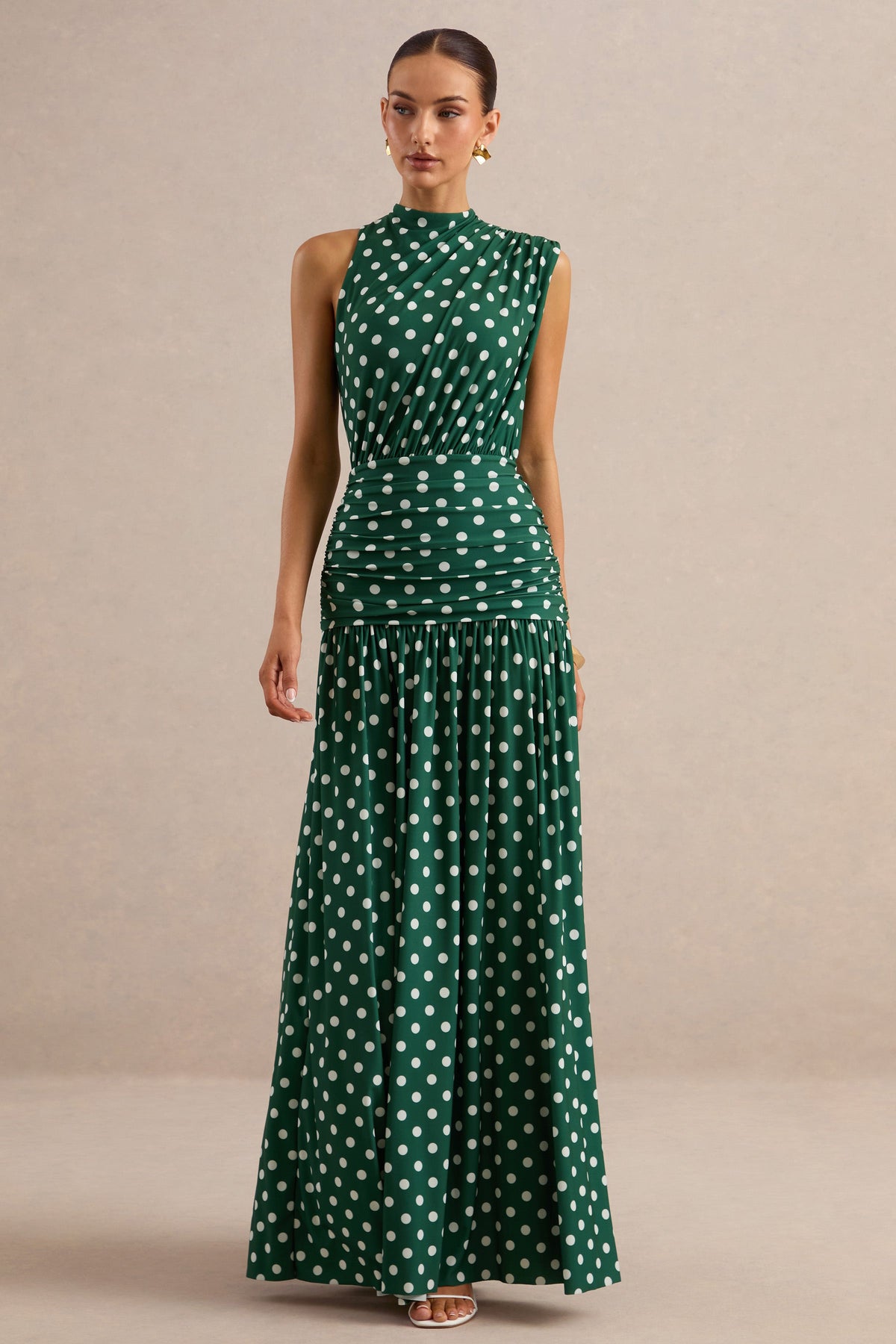 Kelis | Vestido Largo Verde De Lunares Con Cuello Alto Y Detalle Drapeado