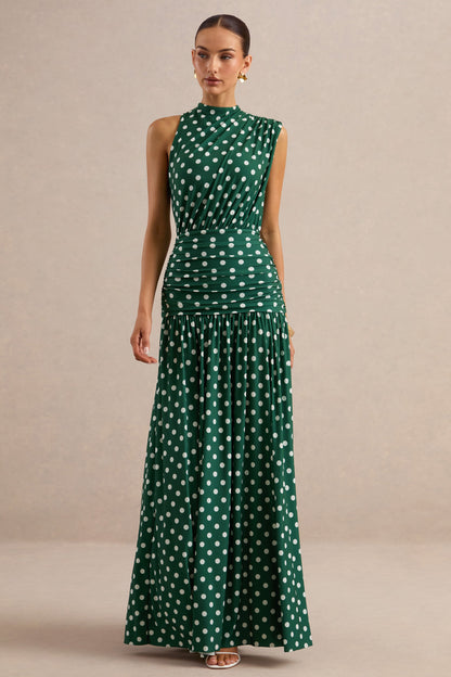 Kelis | Vestido Largo Verde De Lunares Con Cuello Alto Y Detalle Drapeado