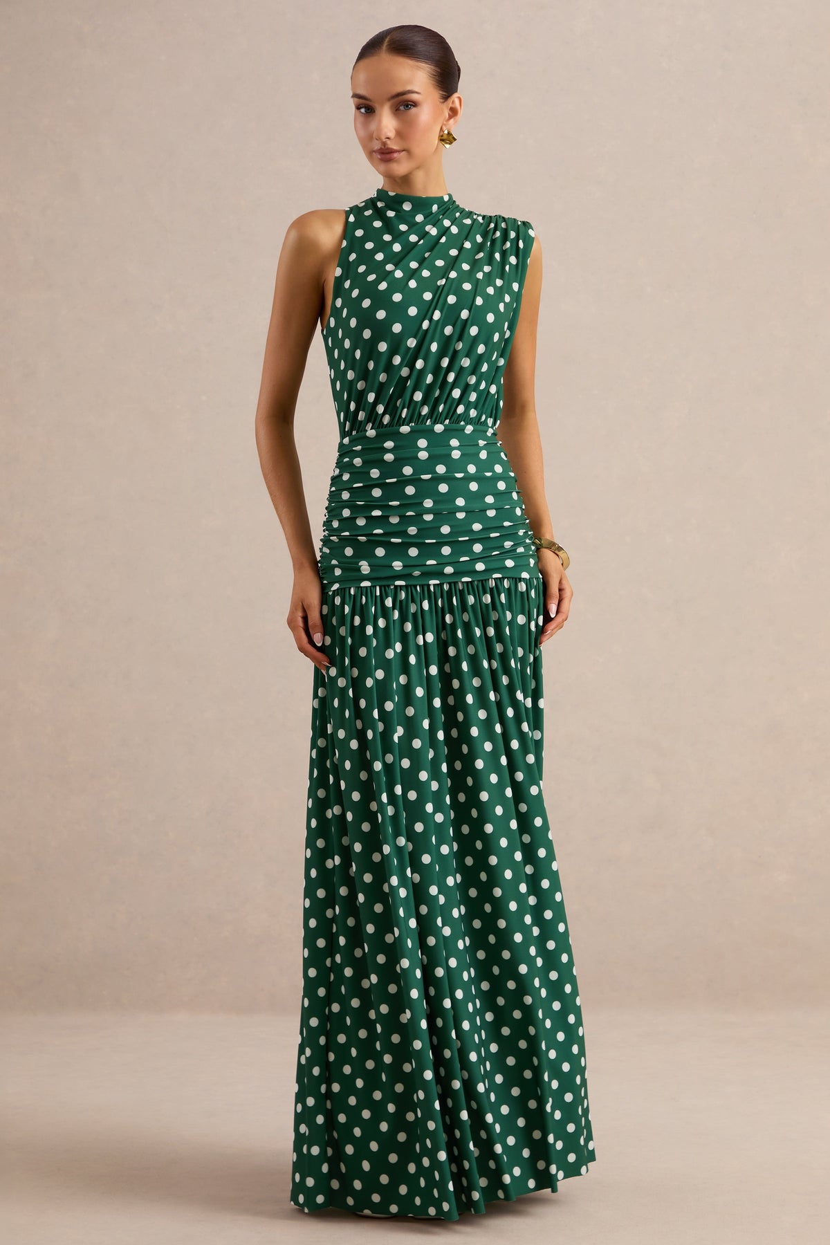 Kelis | Vestido Largo Verde De Lunares Con Cuello Alto Y Detalle Drapeado