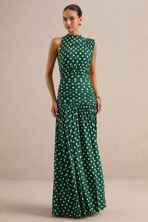 Kelis | Vestido Largo Verde De Lunares Con Cuello Alto Y Detalle Drapeado