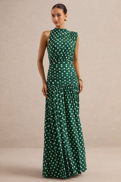 Kelis | Vestido Largo Verde De Lunares Con Cuello Alto Y Detalle Drapeado