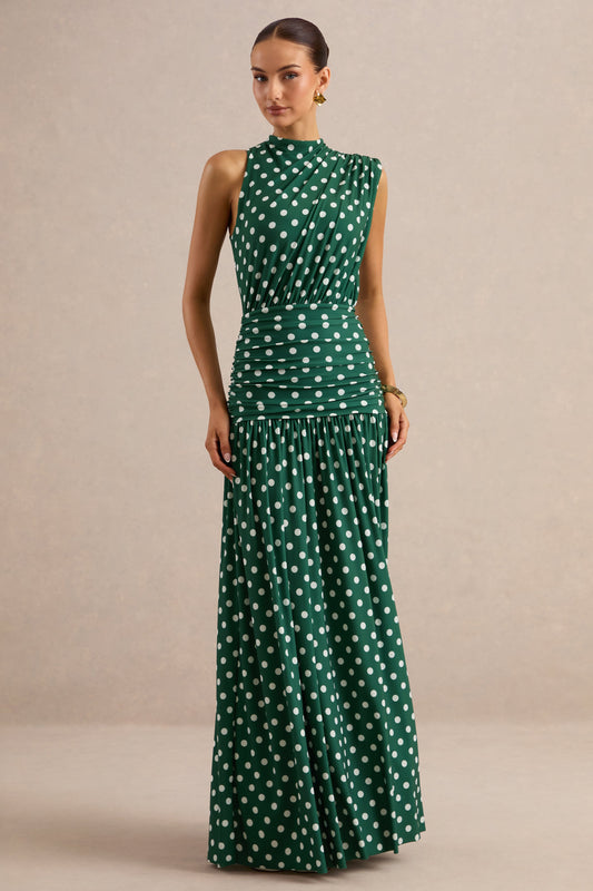 Kelis | Vestido Largo Verde De Lunares Con Cuello Alto Y Detalle Drapeado