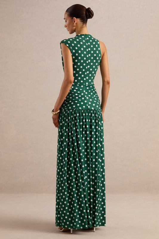 Kelis | Vestido Largo Verde De Lunares Con Cuello Alto Y Detalle Drapeado