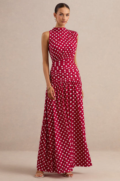 Kelis | Vestido largo rojo de lunares con cuello alto y detalle drapeado