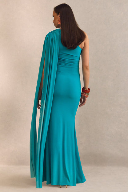 Aylena | Vestido largo de maternidad turquesa con escote asimétrico y banda desmontable