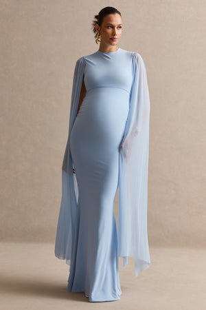 Calitheia | Vestido Largo Premamá Azul Claro Con Cuello Redondo Y Mangas Largas De Tul Suelto