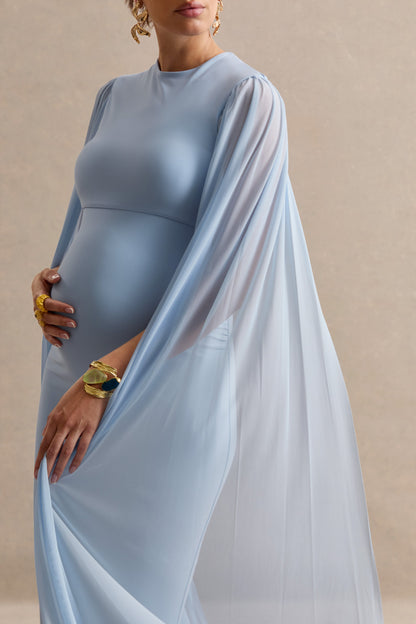 Calitheia | Vestido Largo Premamá Azul Claro Con Cuello Redondo Y Mangas Largas De Tul Suelto