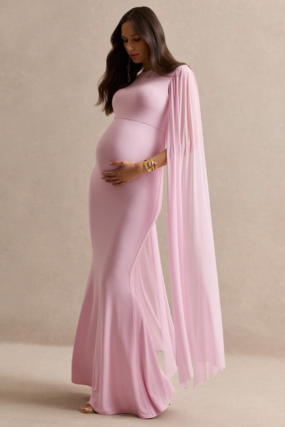 Calitheia | Vestido Largo Premamá Rosa Claro Con Escote Redondo Y Mangas Largas De Mesh Flowy