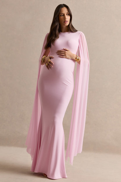 Calitheia | Vestido Largo Premamá Rosa Claro Con Escote Redondo Y Mangas Largas De Mesh Flowy