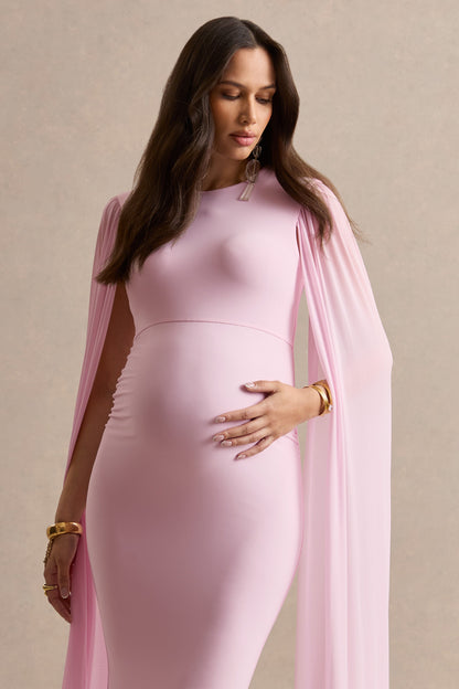Calitheia | Vestido Largo Premamá Rosa Claro Con Escote Redondo Y Mangas Largas De Mesh Flowy