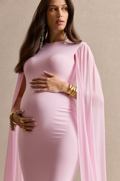 Calitheia | Vestido Largo Premamá Rosa Claro Con Escote Redondo Y Mangas Largas De Mesh Flowy