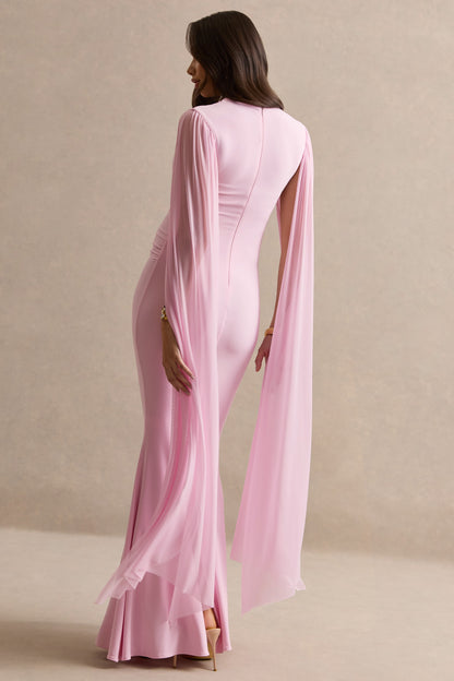 Calitheia | Vestido Largo Premamá Rosa Claro Con Escote Redondo Y Mangas Largas De Mesh Flowy