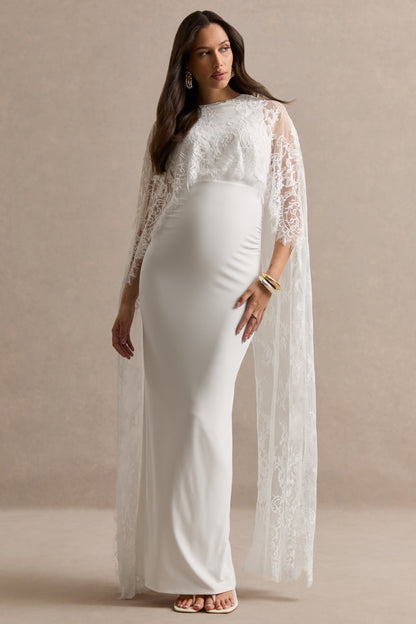 Camelina | Vestido Largo De Maternidad Blanco Con Escote Redondo Y Detalle De Capa De Encaje