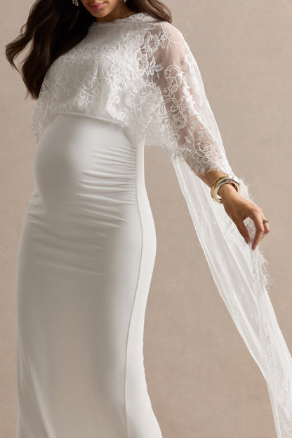Camelina | Vestido Largo De Maternidad Blanco Con Escote Redondo Y Detalle De Capa De Encaje